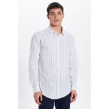 Tudors Erkek Slim Fit Dar Kesim Uzun Kollu%100 Pamuk Keten Doku Çizgili Gömlek, Beyaz, M Beden