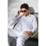 Tudors Erkek Slim Fit Dar Kesim Uzun Kollu%100 Pamuk Keten Doku Çizgili Gömlek, Mavi, L Beden