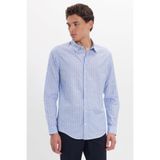 Tudors Erkek Slim Fit Dar Kesim Uzun Kollu%100 Pamuk Keten Doku Çizgili Gömlek, Mavi, L