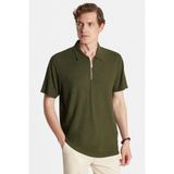 Tudors Erkek Slim Fit Dar Kesim Viskon Fermuarlı Polo Yaka Koyu Haki Tişört