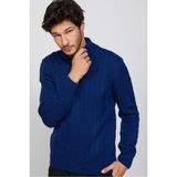 Tudors Erkek Slim Fit Dar Kesim Yumuşak Dokulu Desenli Dik Yaka Düğmeli Saks Mavi Triko Kazak - Karışık