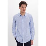 Tudors Erkek Slim Fit Dar Kesim%100 Pamuk Çizgili Uzun Kollu Keten Efektli Saks Mavi Gömlek, XL