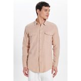 Tudors Erkek Slim Fit Dar Kesim%100 Pamuk Keten Doku Çift Cep Spor Yaka Somon Gömlek, 2XL