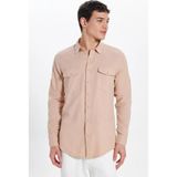 Tudors Erkek Slim Fit Dar Kesim%100 Pamuk Keten Doku Çift Cep Spor Yaka Somon Gömlek, XL