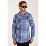 Tudors Erkek Slim Fit Dar Kesim%100 Pamuk Keten Doku Kareli Gömlek, Mavi, L Beden