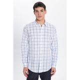 Tudors Erkek Slim Fit Dar Kesim%100 Pamuk Keten Doku Kareli Gömlek, Mavi, XL