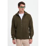 Tudors Erkek Slim Fit Dik Yaka Fermuarlı Haki Düz Hırka - 2XL