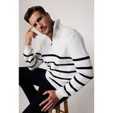 Tudors Erkek Slim Fit Fermuarlı Dik Yaka Çizgili Pamuklu Kazak - Siyah - Beyaz - 2XL