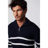 Tudors Erkek Slim Fit Fermuarlı Dik Yaka Çizgili Pamuklu Kazak - Siyah - Beyaz - XL