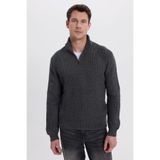 Tudors Erkek Slim Fit Fermuarlı Gri Dik Yaka Triko Kazak