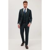 Tudors Erkek Slim Fit Haki Esnek Likralı Kumaş Sivri Yaka Yelekli Takım Elbise - 6 Drop - 52
