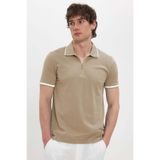 Tudors Erkek Slim Fit Polo Yaka T-shirt,%100 Pamuk Jakarlı, Düz Yaka ve Kol Detaylı, Bej, L Beden