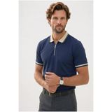 Tudors Erkek Slim Fit Polo Yaka T-shirt,%100 Pamuk, Kısa Kollu, Yarım Fermuarlı, Lacivert, L Beden