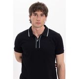 Tudors Erkek Slim Fit Polo Yaka T-shirt,%100 Pamuk, Kısa Kollu, Yarım Fermuarlı, Siyah, M Beden