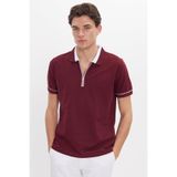 Tudors Erkek Slim Fit Polo Yaka T-shirt,%100 Pamuk, Pike Dokulu, Fermuarlı, Bordo, XL