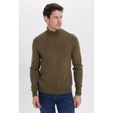 Tudors Erkek Slim Fit Tam Boğazlı Yaka Düz Yün Haki Triko Kazak