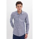 Tudors Erkek Slim Fit Uzun Kollu Çizgili Gömlek,%100 Pamuk, Lacivert, L Beden