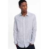Tudors Erkek Slim Fit Uzun Kollu Çizgili Spor Yaka Gömlek,%100 Pamuk Keten Doku, Mavi, S Beden