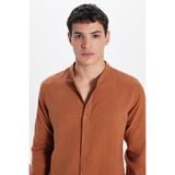 Tudors Erkek Slim Fit Uzun Kollu Gömlek,%100 Pamuk Keten Doku, Hakim Yaka, Kiremit, S Beden