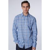 Tudors Erkek Slim Fit Uzun Kollu Kareli Gömlek,%100 Pamuk Keten Doku, Mavi, M Beden