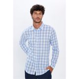 Tudors Erkek Slim Fit Uzun Kollu Kareli Gömlek,%100 Pamuk Keten, Mavi Beyaz