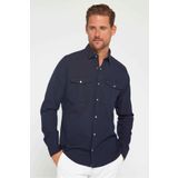 Tudors Erkek Slim Fit Uzun Kollu Spor Yaka Yıkamalı Çift Cepli Armürlü Denim Kot Lacivert Gömlek