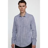 Tudors Erkek Slim Fit Uzun Kollu%100 Pamuk Keten Doku Apoletli Lacivert Gömlek
