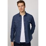 Tudors Erkek Slim Fit Uzun Kollu%100 Pamuk Keten Doku Çift Cep Çıtçıtlı Lacivert Gömlek