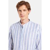 Tudors Erkek Slim Fit Uzun Kollu%100 Pamuk Keten Doku Çizgili Hakim Yaka Gömlek, Mavi-Beyaz, M Beden