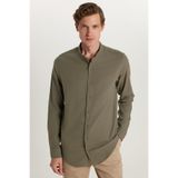 Tudors Erkek Slim Fit Uzun Kollu%100 Pamuk Keten Doku Hakim Yaka Haki Gömlek, XL