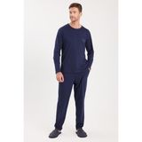 Tudors Erkek Standart Fit %100 Pamuk Bisiklet Yaka Beli Lastikli Lacivert Pijama Takımı