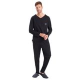 Tudors Erkek Standart Fit %100 Pamuk V Yaka Beli Lastikli Siyah Pijama Takımı - XL