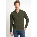 Tudors Erkek Standart Fit Normal Kesim Pamuklu Uzun Kollu Fermuarlı Haki Polo Yaka Tişört - 2XL