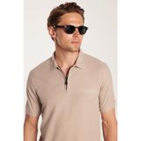 Tudors Erkek Standart Fit Polo Yaka T-shirt, Pamuklu, Fermuarlı, Baskılı, Taş