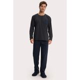 Tudors Erkek Standart Fit Rahat Kesim Uzun Kollu Pamuklu Gri Lacivert Pijama Takımı - 2XL