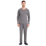 Tudors Erkek Standart Fit%100 Pamuk V Yaka Beli Lastikli Pijama Takımı,Gri S