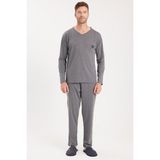 Tudors Erkek Standart Fit%100 Pamuk V Yaka Beli Lastikli Pijama Takımı,Gri Xl