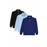 Tudors Erkek Sweatshirt, 3'lü Paket, Siyah-Mavi-Lacivert, Yarım Fermuarlı, Dik Yaka, Relax Fit, Pamuklu, S Beden