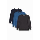 Tudors Erkek Sweatshirt, 3'lü Set, Füme-Mavi-Lacivert, Relax Fit,%100 Pamuk, Bisiklet Yaka, XL