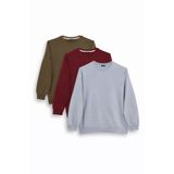 Tudors Erkek Sweatshirt, 3'lü Set, Haki-Bordo-Gri, Relax Fit,%100 Pamuk, Bisiklet Yaka, S Beden
