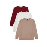 Tudors Erkek Sweatshirt, 3'lü Set, Taş-Beyaz-Bordo,%100 Pamuk, Bisiklet Yaka, Relax Fit, XL