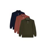 TUDORS Erkek Unisex 3'lü Paket Relax Fit Pamuklu Yarım Fermuarlı Dik Yaka Sweatshirt, S, SW250038, Lacivert-Kahverengi-Yeşil, üniseks-yetişkin