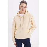Tudors Kadın Kapüşonlu Sweatshirt, Oversize Geniş Kesim, Pamuklu Yumuşak Dokulu, İçi Polarlı, Bej, L Beden