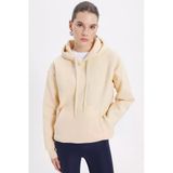 Tudors Kadın Kapüşonlu Sweatshirt, Oversize Geniş Kesim, Pamuklu Yumuşak Dokulu, İçi Polarlı, Bej, S Beden