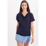 Tudors Kadın Oversize Rahat Kesim Asimetrik Yaka Kısa Kol Lacivert Viskon Bluz - XL