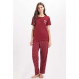 Tudors Kadın Pijama Takımı, Standart Fit, Bisiklet Yaka, Kısa Kollu, Baskılı, Bordo, XL
