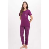Tudors Kadın Pijama Takımı, Standart Fit, Bisiklet Yaka, Kısa Kollu, Baskılı, Mor, 2XL