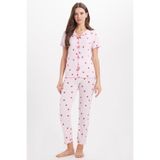 Tudors Kadın Pijama Takımı, Standart Fit, Kısa Kol, Baskılı, Fiyonk Detaylı, Pembe, XL