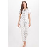 Tudors Kadın Pijama Takımı, Standart Fit, Kısa Kol, Fiyonk Detaylı, Baskılı, Beyaz, XL