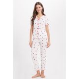 Tudors Kadın Pijama Takımı, Standart Fit, Kısa Kol, Fiyonk Detaylı, Baskılı, Ekru, S/M